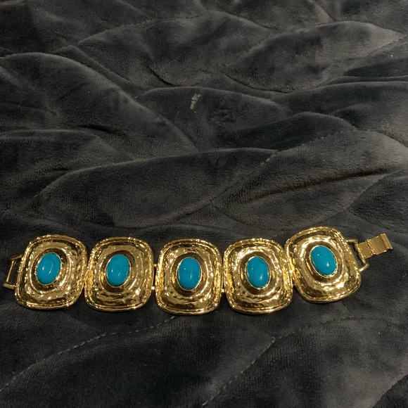 Gold-coloured and turquoise coloured articulated braceket - Picture 3 of 3